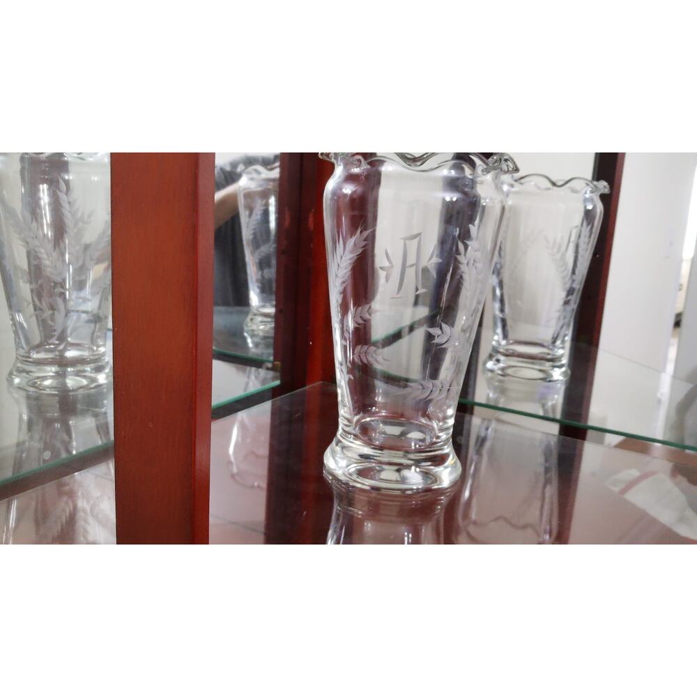 Hand Blown Clear Vase Etched Wheat‎ Pattern Initial A Ribbon Rim 9” Vintage